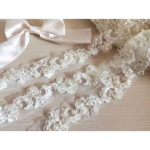 Ivory Pearl Beaded Alencon Lace Trim Wedding Lace Trim Aulic Retro Embroidered Lace 1.57" Wide Bridal Veil Dress Supplies 1 Yard