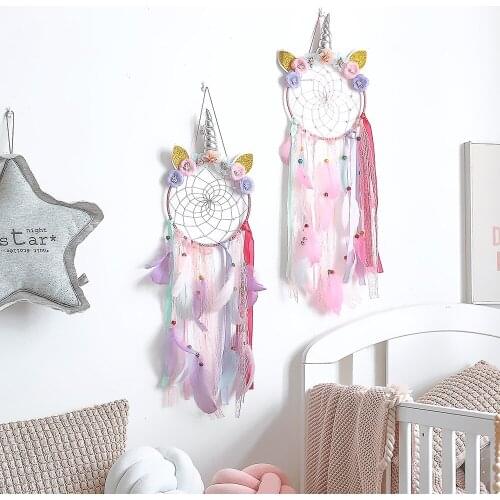 Cute Girl Hand-woven Wind Chimes Dream Catcher Colorful Feather Unicorn Wall Decoration Bedroom Pendant Gift Modern Home Decor