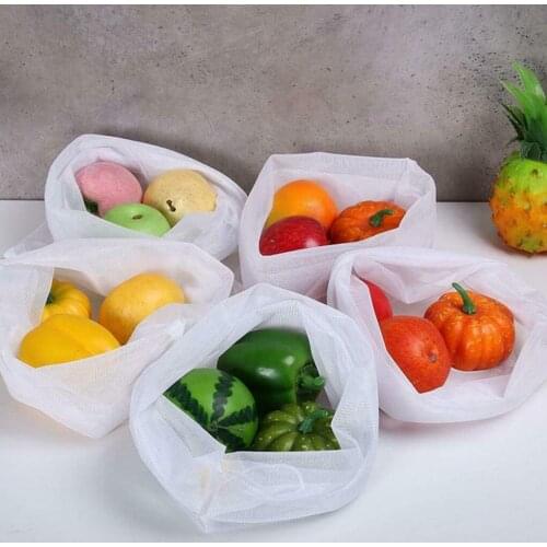 5pcs Reusable Mesh Bags Vegetable Fruit Drawstring Net Storage Pockets Kitchen Product Organizer Pack