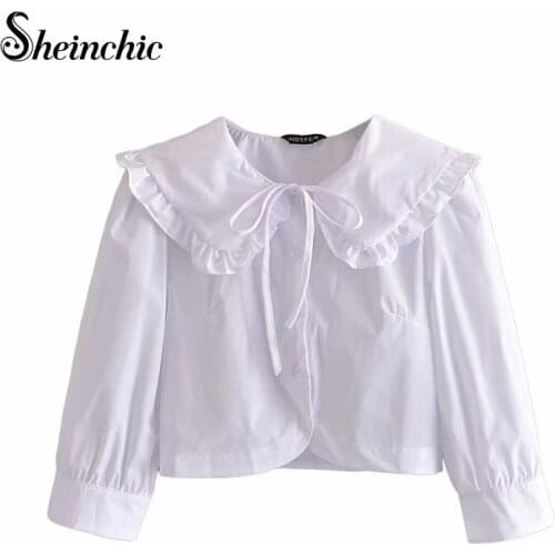 Korean Style Fashion Clothes for Summer 2021 Women Elegant Bow Long Sleeve White Womens Tops and Blouses