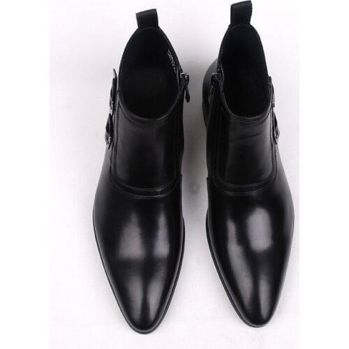 Autumn Winter Men Pointed Toes Genuine Leather High Top England Style High Quality Buckle Decoration Flat Short Boots