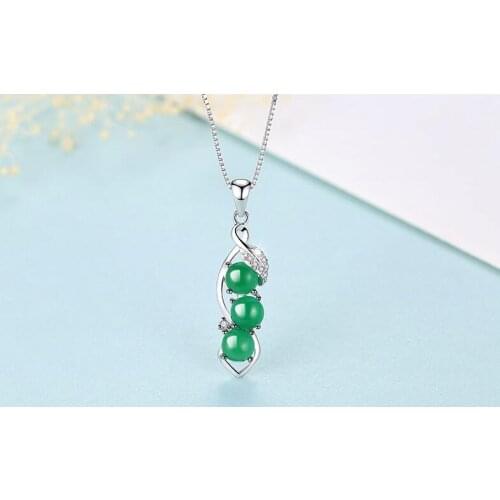 Green chalcedony Pendant 925 silver necklace crystal female bean Chain Collar Ornament Gift