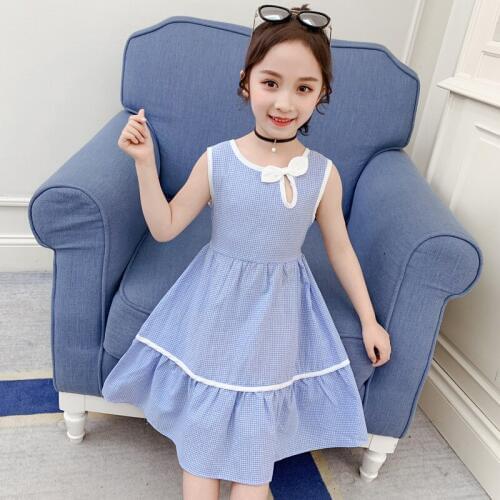 Casual 2020 Girls Summer Dreseses Clothing 6 8 10 12 14 Years Kids Sleeveless Pink Blue Plaid Dress Baby Big Girl Bow Sundress