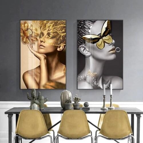 Nordic Wall Art Fashion Gold And White Black Women Butterfly Lips Canvas Painting Modern Beauty Poster Pictures For Home Decor