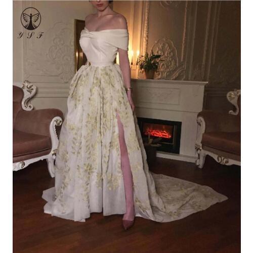 YSF Contrast Color Sweetheart Short Sleeve Appliqued Gold Lace Floor Length A Line Prom Dresses 2019