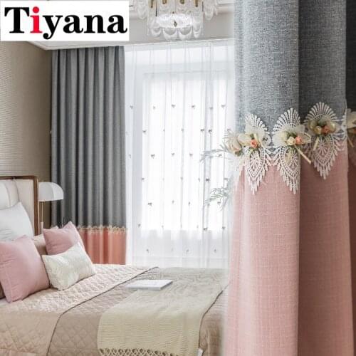 Pink Grey Splice Flowers Curtains For Kids Girls Bedroom Shade Cotton Linen Curtains Fabric Cartoon Tulle Window Drapes JK046D