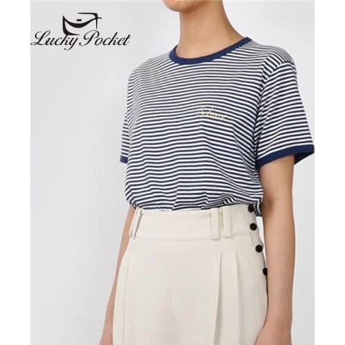 Summer Women Cotton Embroidery Short Sleeve Tops Ladies Loose O-Neck Blue White striped Tees Female New Fashion T-Shirt ML49