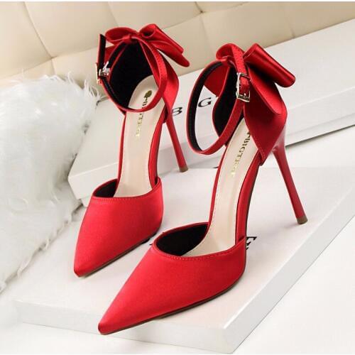 2019 Womens Dress High Heels Fashion Stiletto High Heel Shallow Mouth Pointed Satin Wedding Party Bow Word with Sandals T1-09