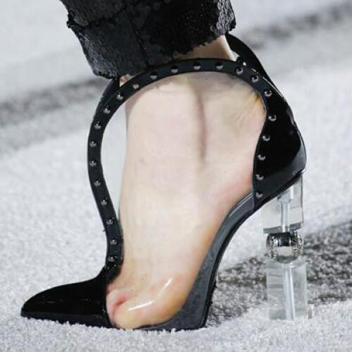 Moraima Snc Rumway Transaprent Thick Heels Woman Pumps Pointed Toe Sexy PVC High Heel Shoes Rivets Studded Dress Heels