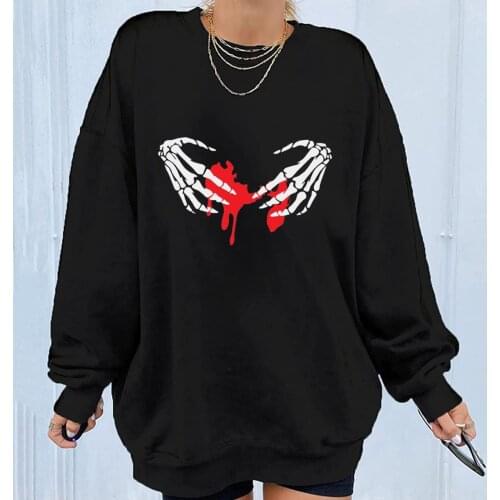 Women Long Sleeve Skull Hand Happy Halloween Pullover Sweatshirt Top Shirt Solid Color Casual Daily All-match Girls T-shirt