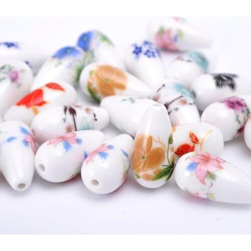 1020/30pcs 20mm Ceramic Beads Waterdrop Flower Printing Loose Spacer Glaze Beads for Jewelry Making Necklace Earring Pendant