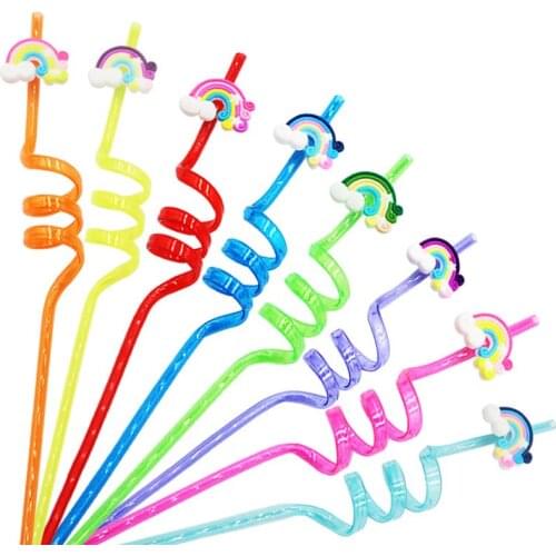 24PCS Colorful Curve Drinking Straw Cartoon Rainbow Candy Cocktail Drinks Twisted Straws Hawaii Beach Party Decoration BPA-free