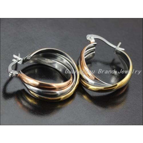 26.8mm*21.5mm 7.6g Promotion Sale Silver Rose Gold Color Stainless Steel Three Round Hoop Earrings For Women Girl,Best Quality