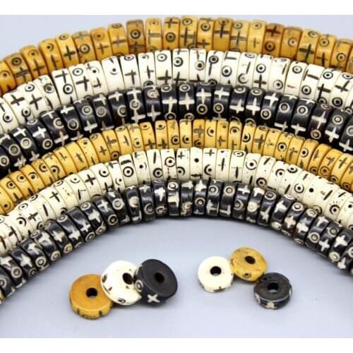 Handmade Carved Natural OX Bone Beads 3x8mm 4x10mm Antique Flat Round Heishi Beads For Jewelry Making DIY Loose Spacer Bead