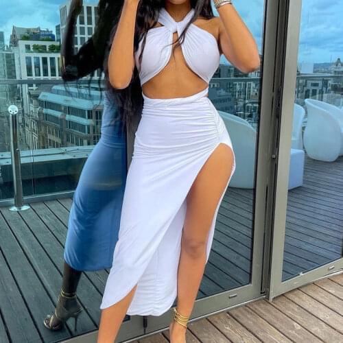 BAMBOOBOY Women Sexy Halter Twist Bra Crop Top Ruched Slit Skirt Holiday Beach Club Two Piece Set ZL1694