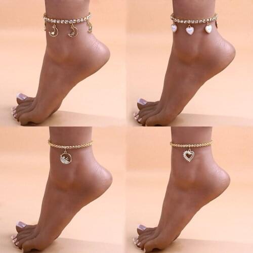 Stonefans Boho Fashion Pendant Rhinestone Heart Anklets for Women Beach Accessories Tennis Chain Ankle Bracelet Leg Foot Jewelry