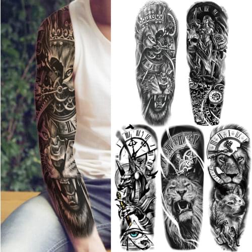 Black Lion Temporary Tattoo Sleeve For Men Women Adult Fake Compass Skull Tattoo Sticker Full Arm Animal Long Waterproof Tatoos