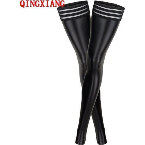 S-2XL 2019 Sexy Women Lady Wet Look Faux Leather Thigh High Stockings PU Striped Thigh
