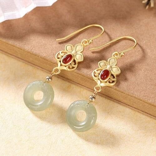 New silver inlaid natural Hetian jade earrings Chinese style retro unique craft gold minority design charm womens brand jewelry