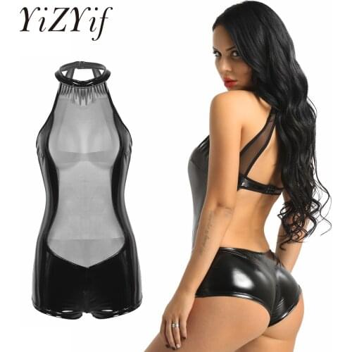 Erotic Sexy Crotchless Bodysuit Net Lingerie One-piece Wetlook Faux Leather Mesh Splice Catsuit Zipper Crotch Teddy Bodysuit