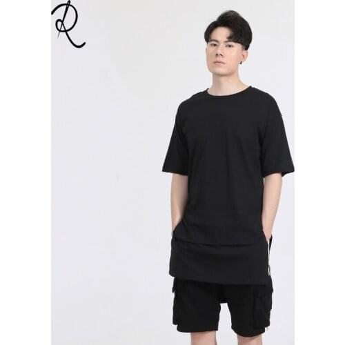 Summer Dark Department of personality before and after a long solid color matching round-necked short-sleeved t-shirt male trend