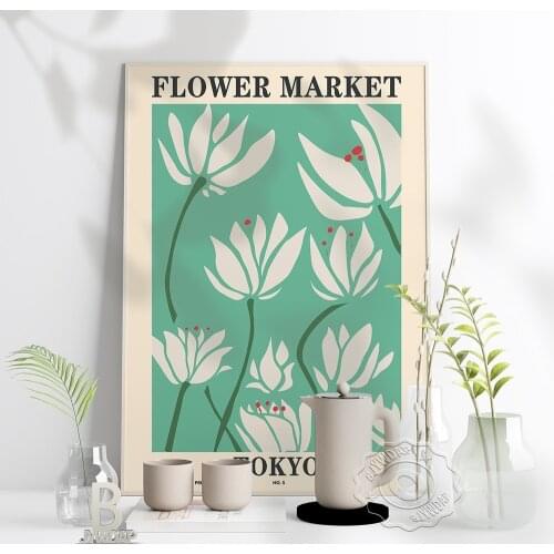 Nordic Style Tokyo Fiower Market Plant Art Poster, Green Background White Flowers Art Prints, Minimalism Home Kids Room Decor