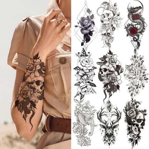 Skeleton King Snake Flower Temporary Tattoo For Women Girl Adult Fake Elephant Tattoos Sticker Halloween Black Dragon Tatoos