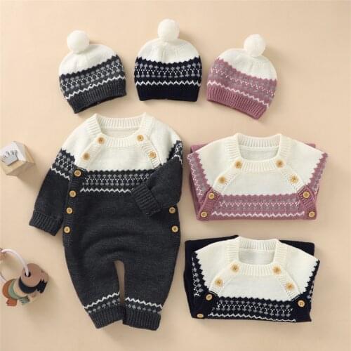 Baby Newborn Girl Boy Cotton Knitted Sweater Romper Jumpsuit Outfits Hat Set Winter baby boy Girls clothes Overalls New