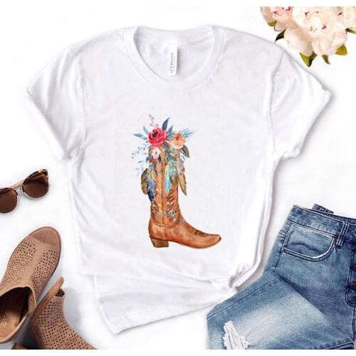 Cowboy boots flower print female t-shirt fashion casual funny t-shirt Harajuku graphic t-shirt top Girl female
