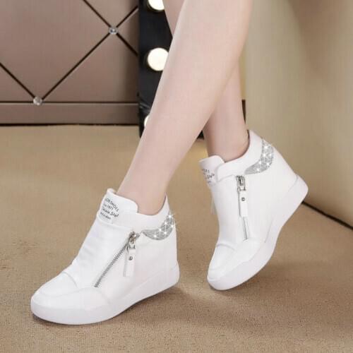 Fashion sneakers womens Leather height increasing boots women high heel black white bling zipper Platform wedge shoes 2019