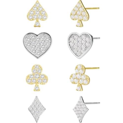 Copper Zircon Spade Heart Shape Poker Player Earrings Funny Peach Stud Earrings Gold Silver Color Ear Studs Party Lucky Jewelry