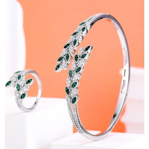 Missvikki Micro Pave Cubic Zirconia Stones Leaves Bangle Ring Jewelry Set For Girl Gift Bridal Wedding Accessories High Quality