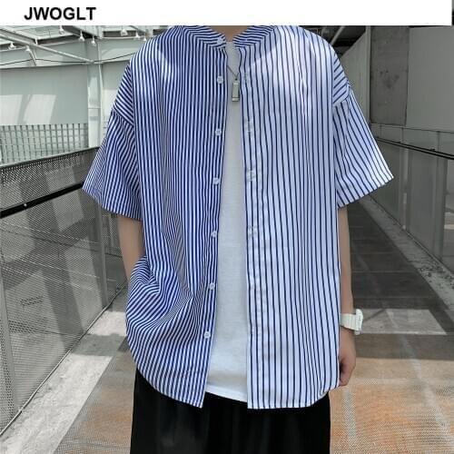 Fashion Summer New Mens Shirt Casual Short Sleeve Striped Shirts Harajuku Streetwear Button Down Collarless Social Blouse