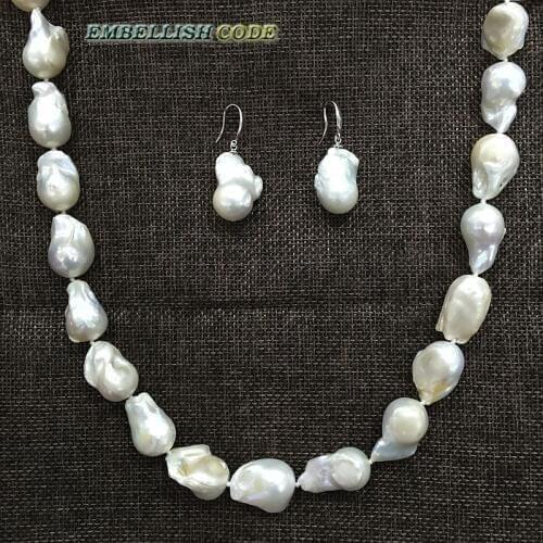 Necklace hook earrings set baroque style large size white color nucleated flameball pear shape pearl charming