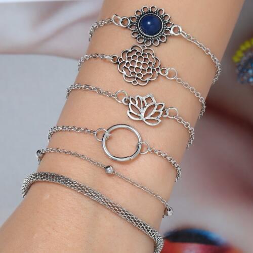 New Fashion Vintage Silver Personality Flower Geometric Bangle 6pcs For Women Open Bracelets Set Gift Wholesale Women Jewelry