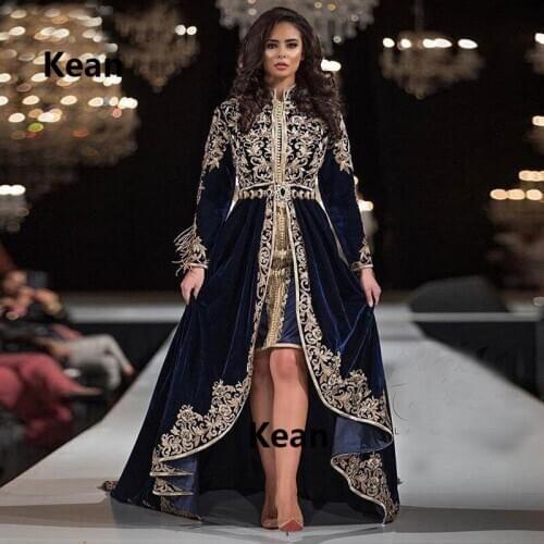 New Navy Blue Moroccan Kaftan Velour Muslim Evening Dresses Hi Low Gold Lace Dubai Saudi Arabic Special Occasion Party Dress