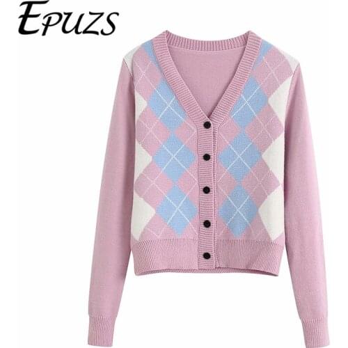 Autumn women knitted sweaters 2020 eurpean style vintage long sleeven V-Neck cardigans sweaters casual argyle pattern button top