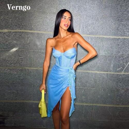 Verngo Sexy Sweetheart Knee Length Prom Dresses Sky Blue Split Draped Bones Short Cocktail Gowns Asymmetric Formal Party Dress