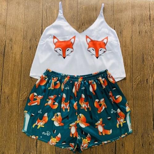 Female Animal Cartoon Print Pajamas for Women Silk Sexy Pijamas Girls Sleepwear Satin Home Suit Summer Pyjamas Femme Homewear