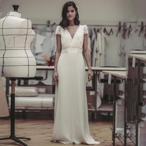 2021 Boho Wedding Dresses Sexy Backless Short Sleeves Beach Bride Dress Soft Satin Floor Length Wedding Gowns