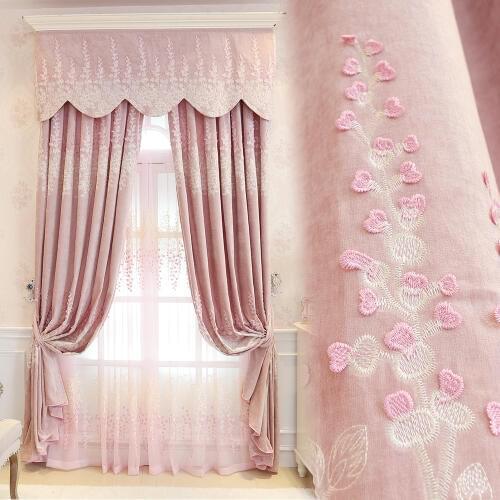 Princess pink embroidery curtains Jacquad tulle curtains Elegant sakura embossed shade curtains for bedroom window Customizable