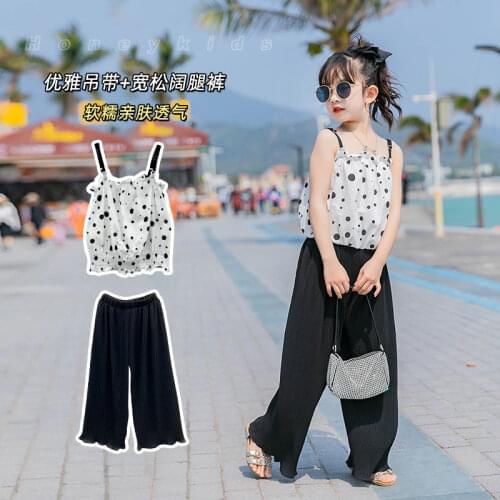 2021 Chiffon Teenager Summer Clothes Kids Girls clothes Polka Dot Blue Outfit Tops t shirt + Loose Pants 6 7 8 9 10 11 12 year