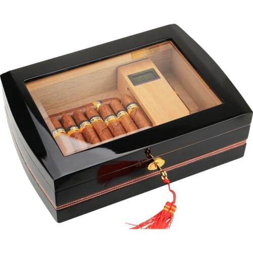 CIGARLOONG Luxury Cedar Wood Humidor Cabinet Glass Top with Hygrometer and Humidifier Fit 75 Cigar Humidor Case Box C-1008