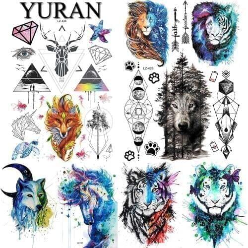 YURAN Flash Fox Wolf Animals Body Arm Forest Tattoos Stickers Geometric Elk Neck Tatto Temporary Custom Makeup Big Tattoo Paper