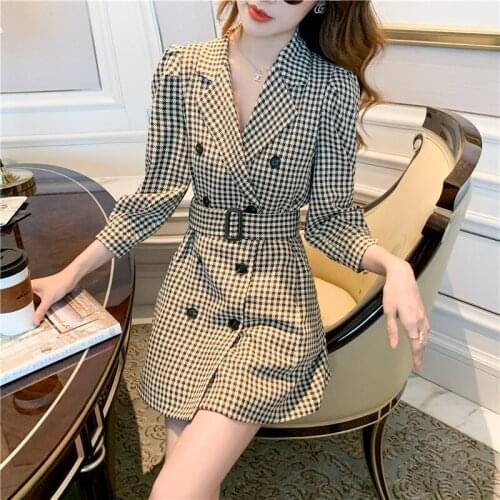 2020 Winter New Temperament Double-breasted Suit Jacket Autumn Womens Waist Houndstooth Puff Sleeve Mini Suit Dresses with Belt