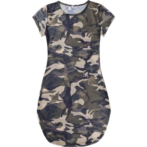 Women Camouflage Print Side Slit Sheer Mesh See Through Robe Sexy Club Dress Female Erotic Hot Sexy Costume T-Shirt Mini Dresses