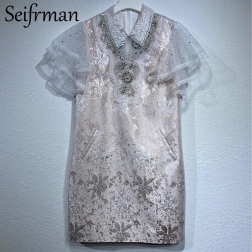 Seifrmann New 2021 Summer Women Fashion Runway Short Dress Butterfly Sleeve Lace Beading Pockets Elegant Ladies Dress Vestidos