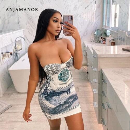 ANJAMANOR Money Printed Corset Tube Top Bodycon Dresses for Women Party Night Club Wear Sexy Bandage Mini Dress D70-BE16