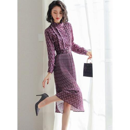 Womens polka dot professional shirt dress autumn new female temperament purple printing wave point A word dress