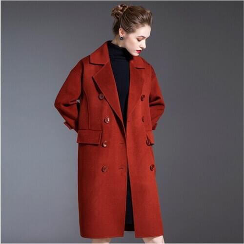 Lady winter 2020 high-end brick red double-breasted cashmere coat women mid-length woolen coats female Overcoat outwears clothes